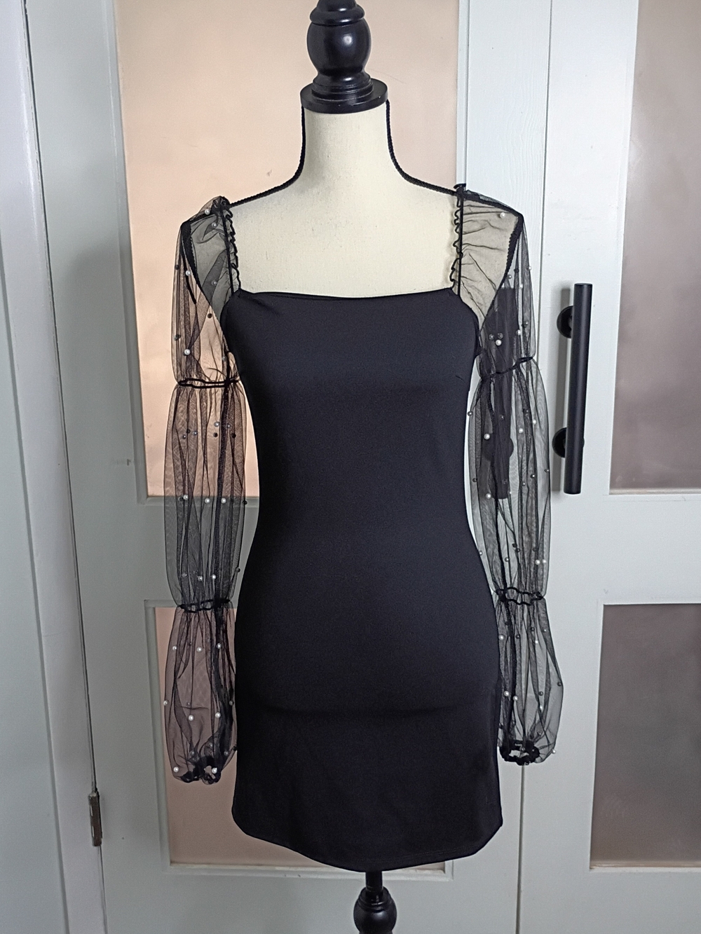 NWT Black Sheer Pearl Embellished Sleeves Square Neck Bodycon Mini Dress, Small